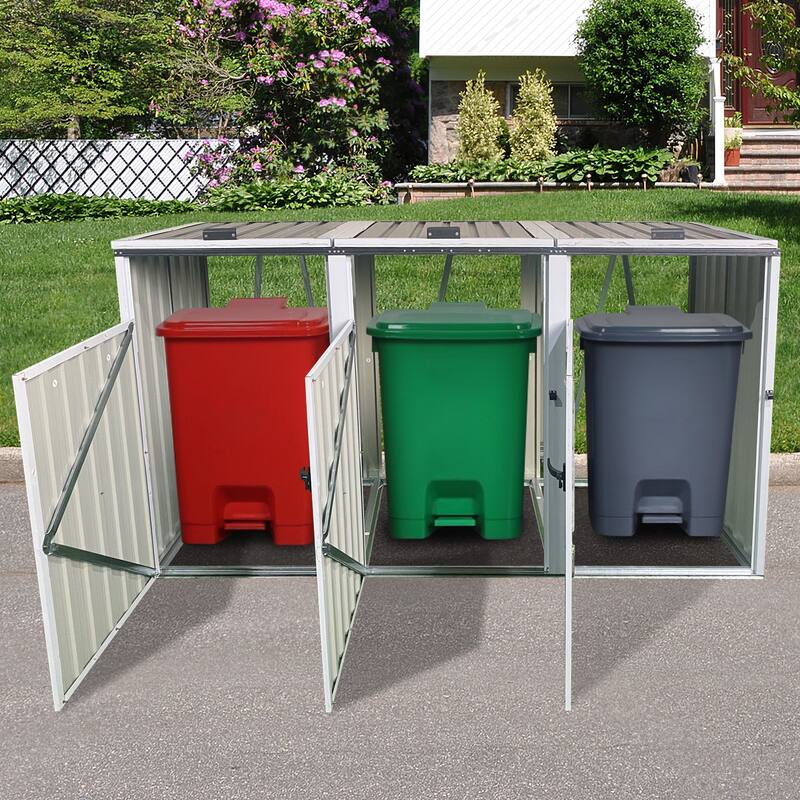 Anti-rust Galvanized Steel Garbage Can Storage Shed Lockable Bin Shed with Hydraulic Lid & Front Three Doors