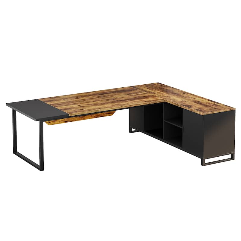 70.8" L-Shaped Executive Desk with 55" File Cabinet, Large Industrial with Storage, Rustic Brown & Black