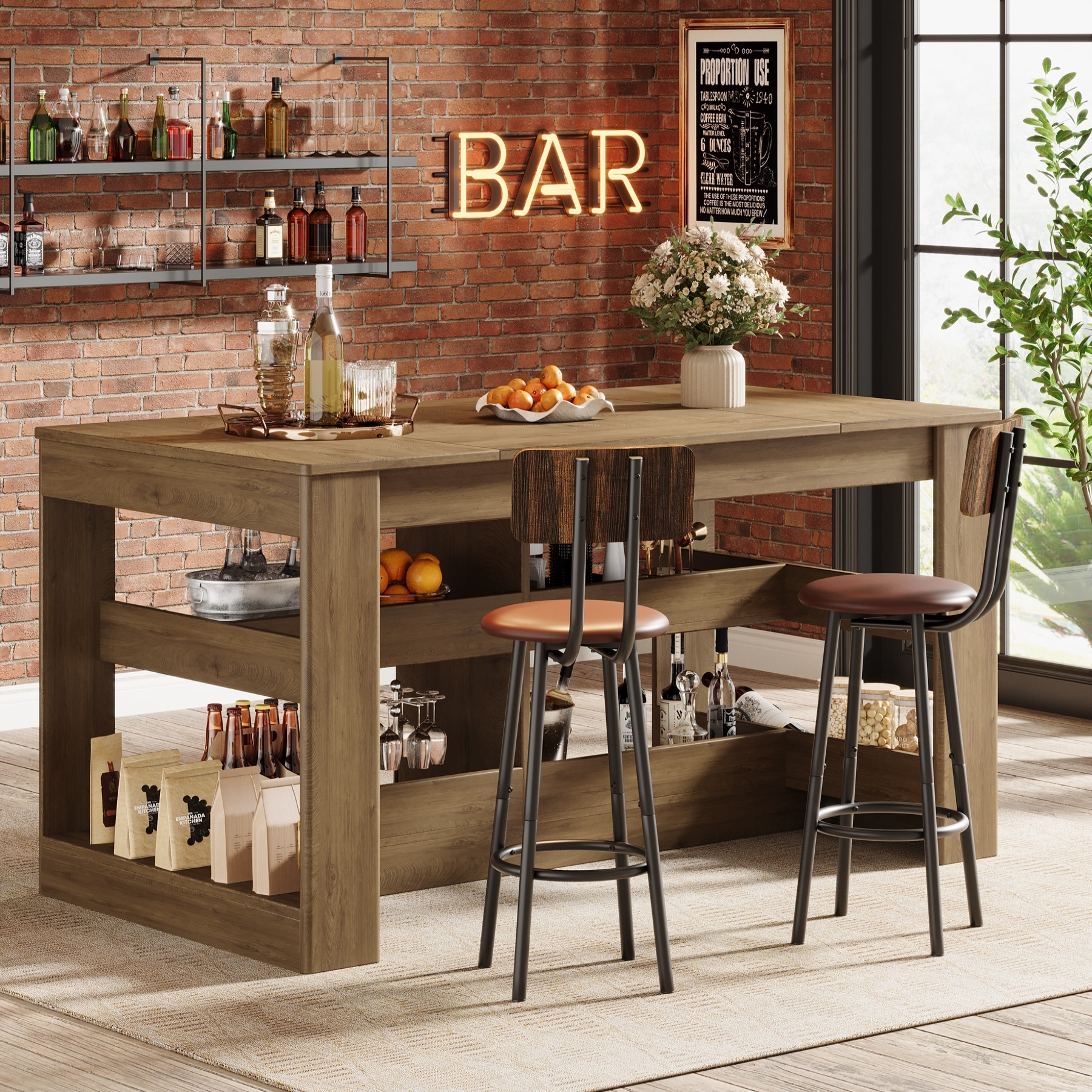 63 Inch Farmhouse Kitchen Island with Storage, Counter Height Dining Table - 62.99" L x 31.5" W x 35.43" H