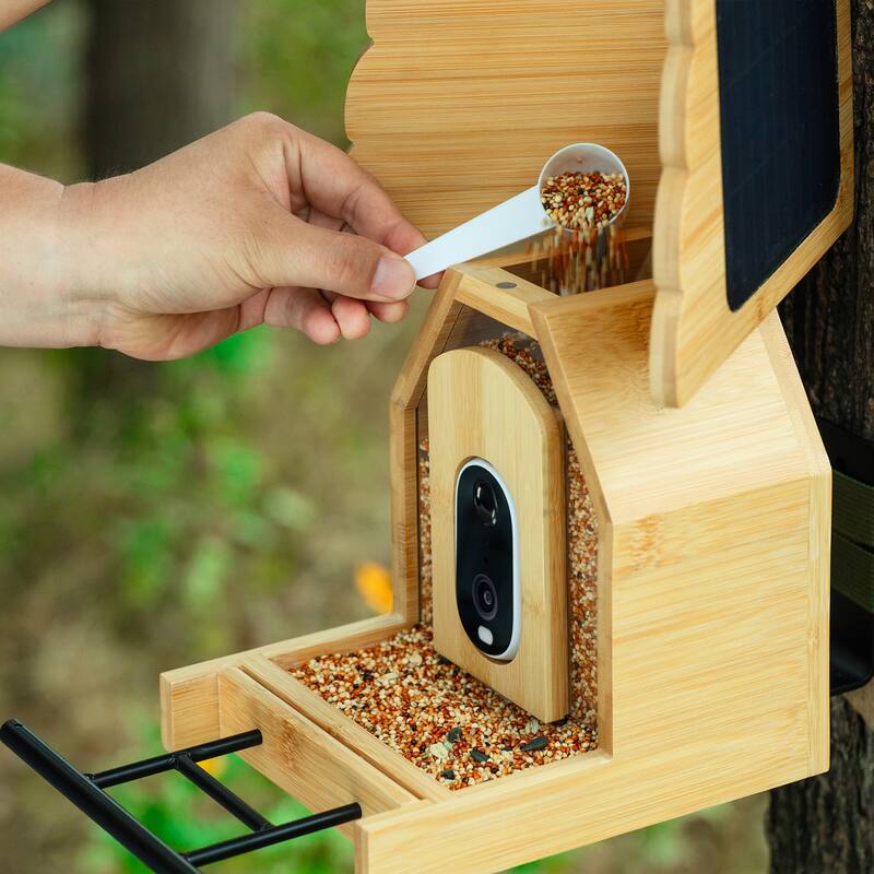 Smart Solar Bamboo Bird Feeder with Camera and AI Identify Bird Species - 9.8" W x 9.57" D x 7.87" H