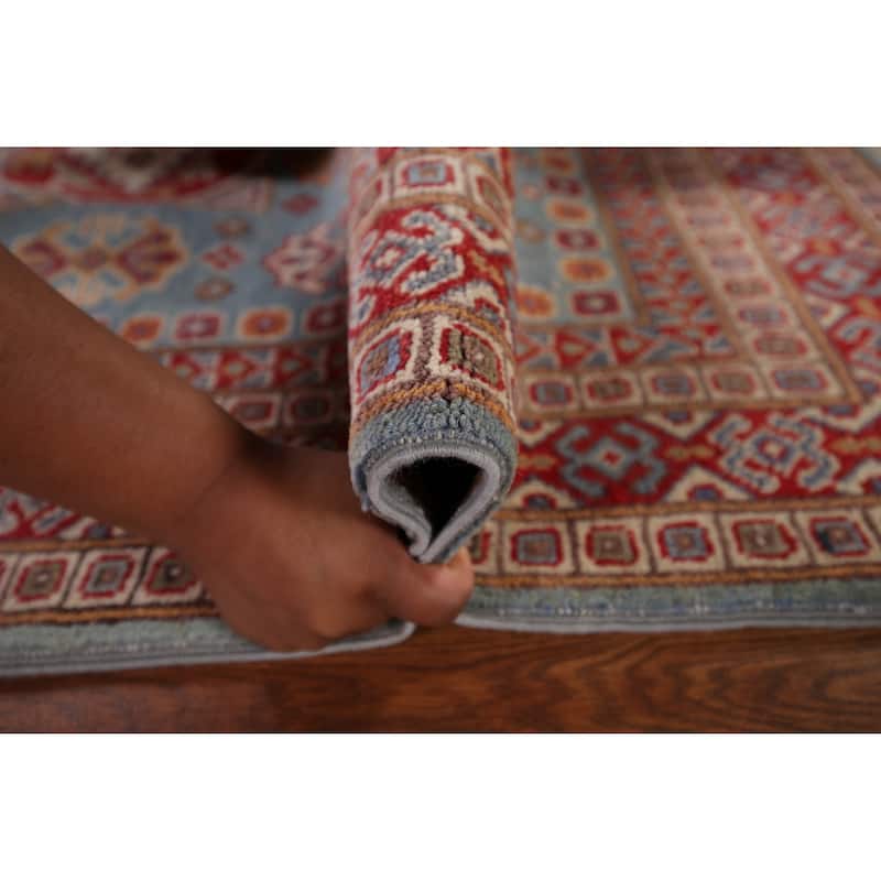 Light Blue Geometric Kazak Oriental Rug Bedroom Handmade Wool Carpet - 3'11" x 5'10"