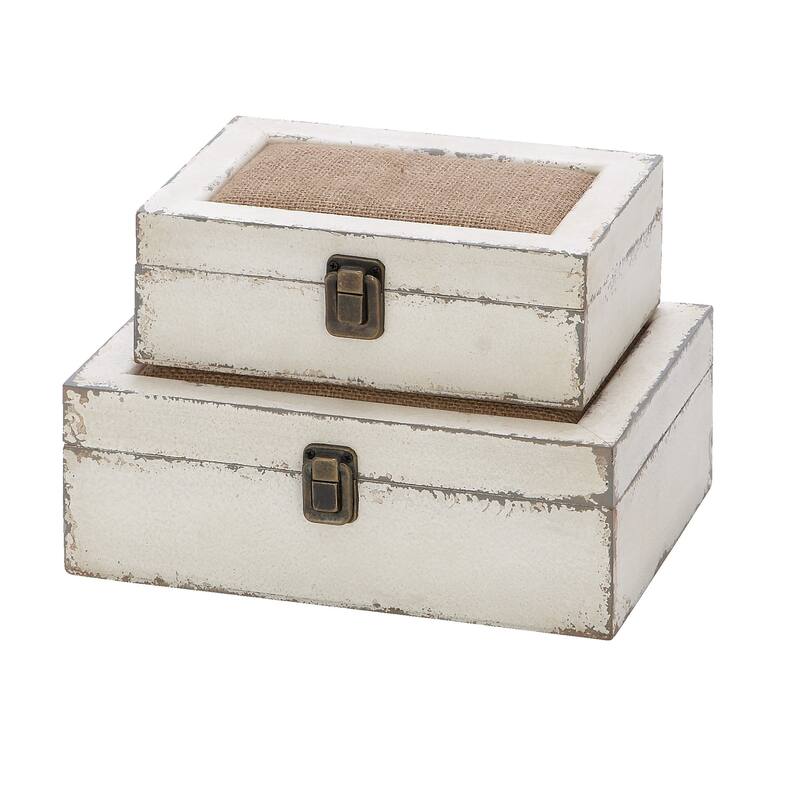 White Wooden Decorative Box with Hinged Lid (Set of 2)