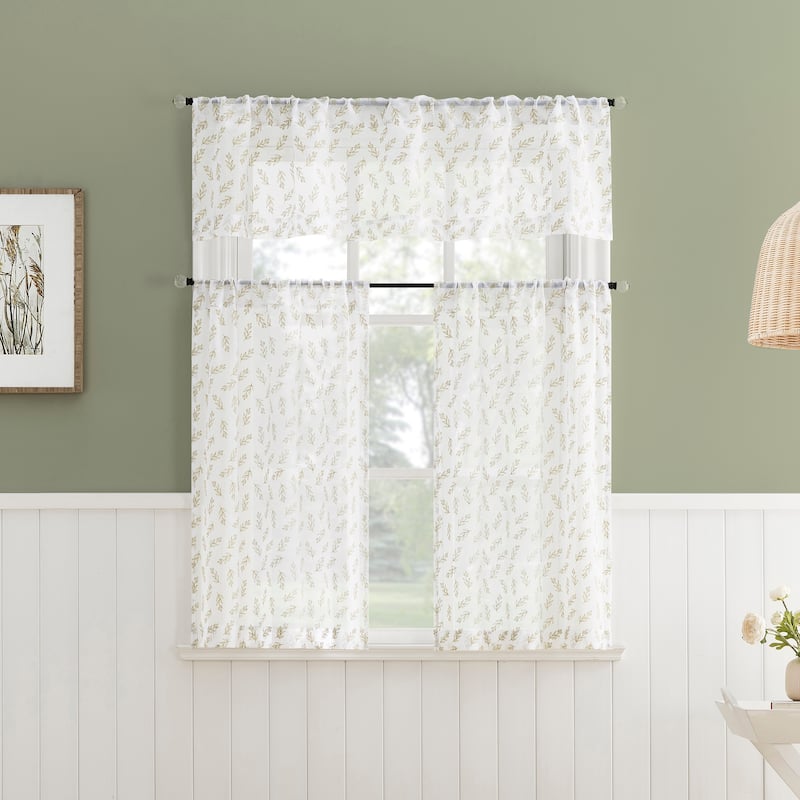 No. 918 Hawthorne Floral Leaf Sheer Rod Pocket 1-Piece Kitchen Curtain Valance