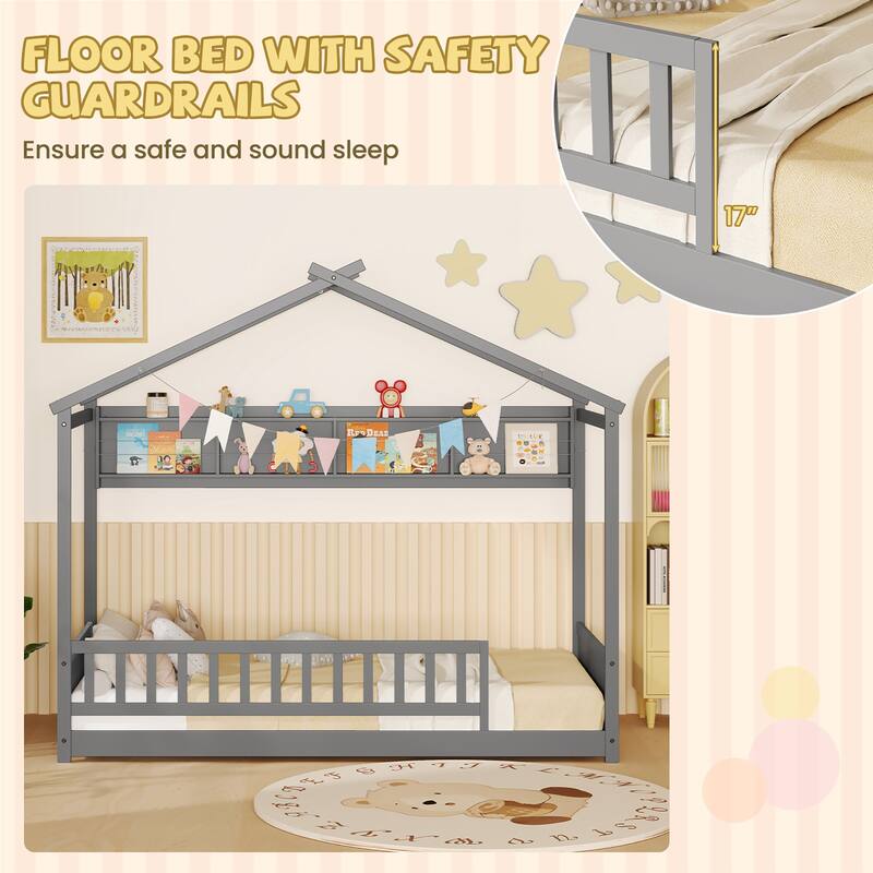 Gymax Twin Size House Bed w/Storage Shelf Headboard & Guardrail Wooden