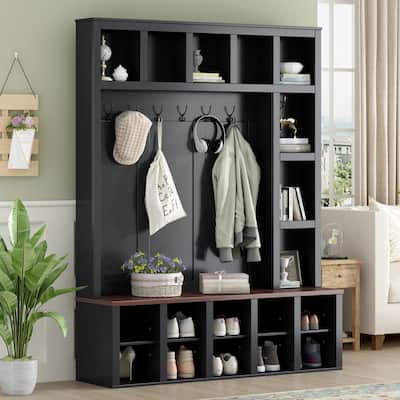 Roomfitters Wooden Farmhouse Mudroom Hall Tree with Bench, 4-in-1 Entryway Organizer with 6 Hooks, Shelves and 13 Shoe Cubbies