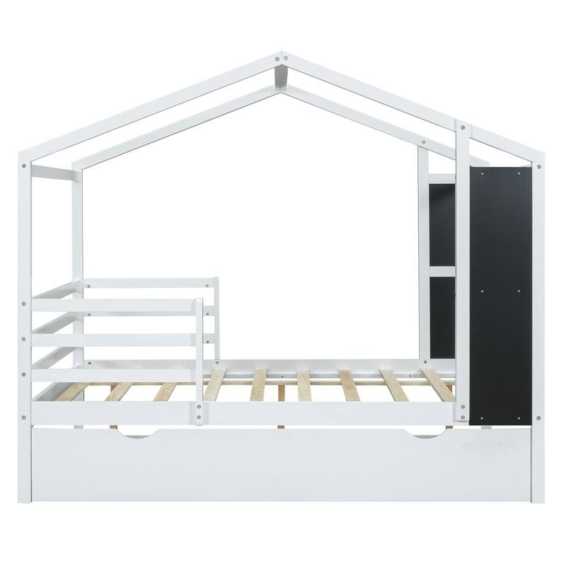 Full Size Wood House Bed with Fence and Writing Board