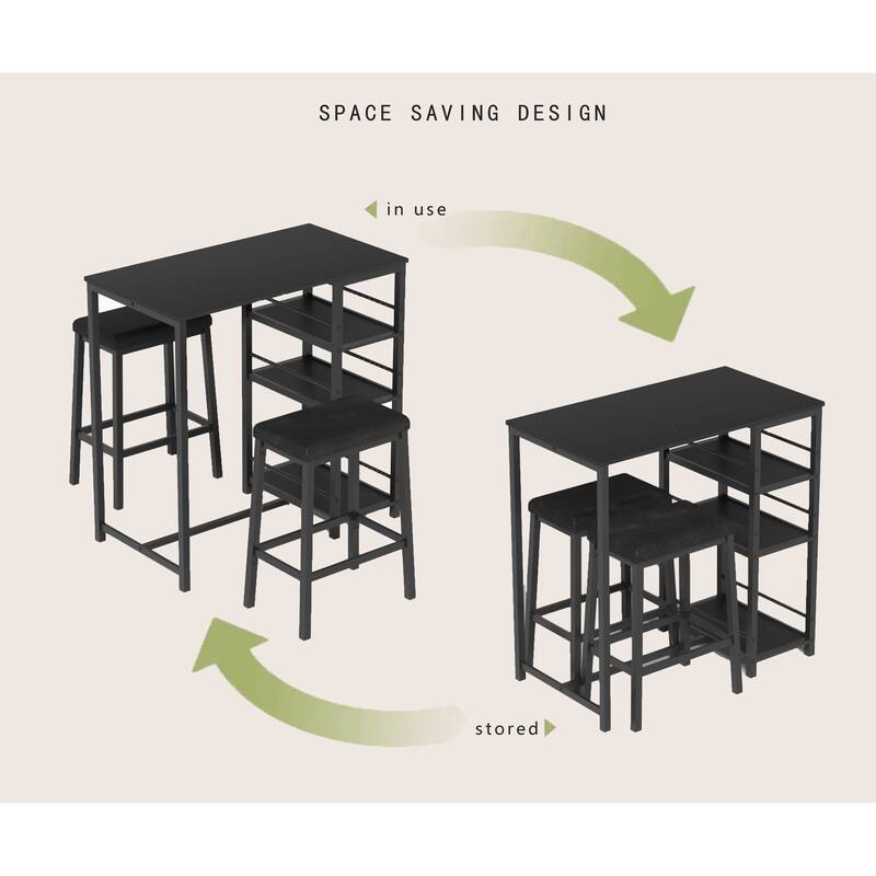 3-Piece Counter Height Dining Set with Storage Shelves, Minimalist Bar Table Set Padded Seat with Metal Frame