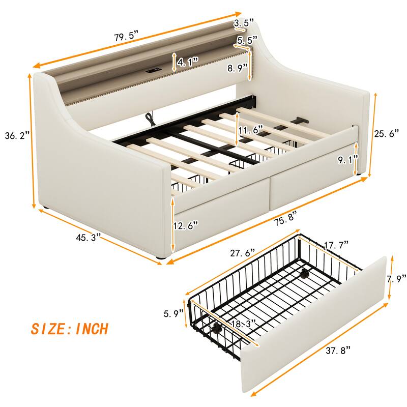 Twin Size Daybed with Storage Drawers, LED Lights, Charging Station, and Upholstered Design