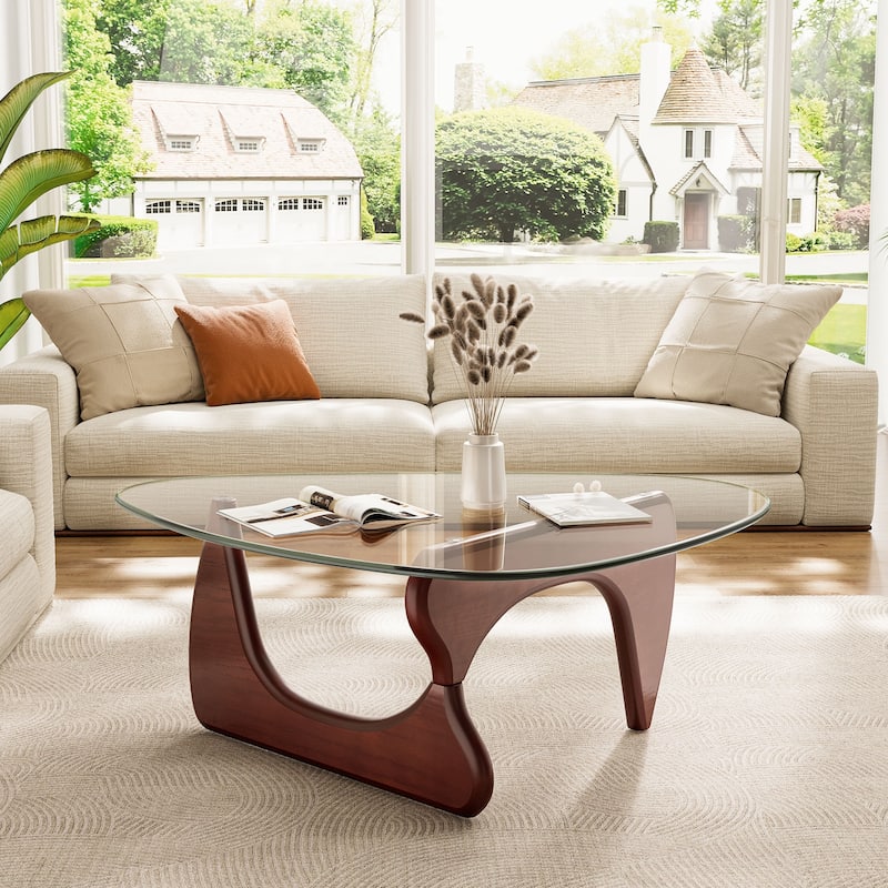 Mid Century Triangle Coffee Table Tempered Glass Top With Rubber