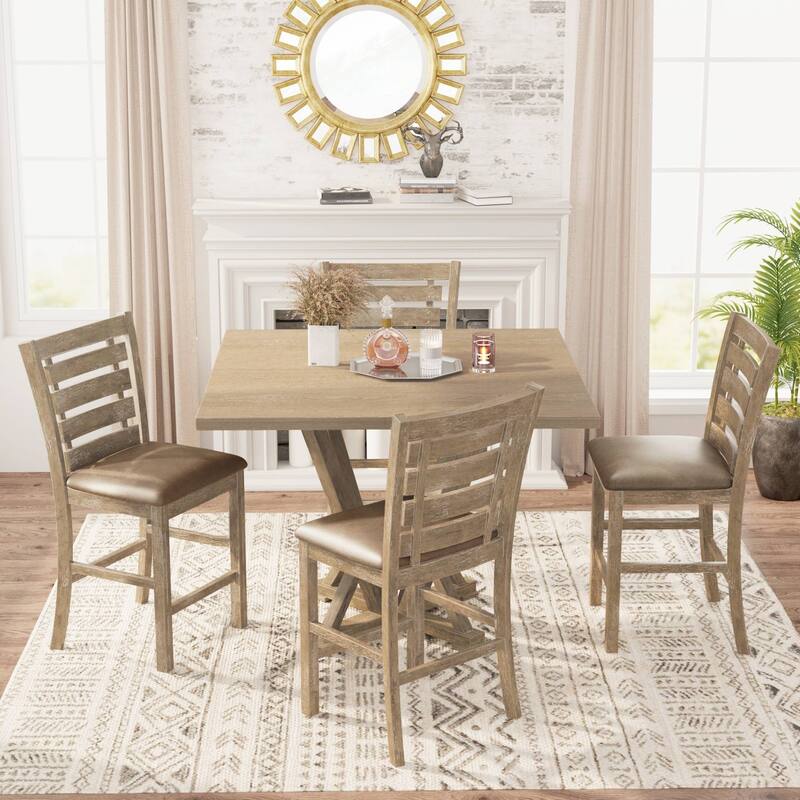 5 PCS Counter Table Set for 4 with Square Solid Wood Table