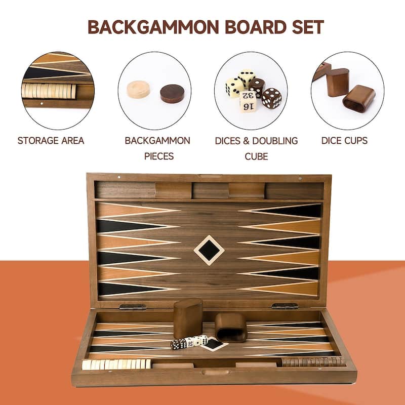 GSE™ 21" Premium Wooden Inlay Backgammon Board Game Set, Portable Folding Backgammon Board Game with Game Pieces - 21-Inch