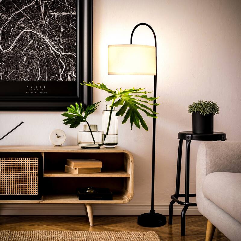 Brightech Nora 68 in. Classic Black Mid-Century Modern Height Adjustable LED Floor Lamp with White Fabric Drum Shade