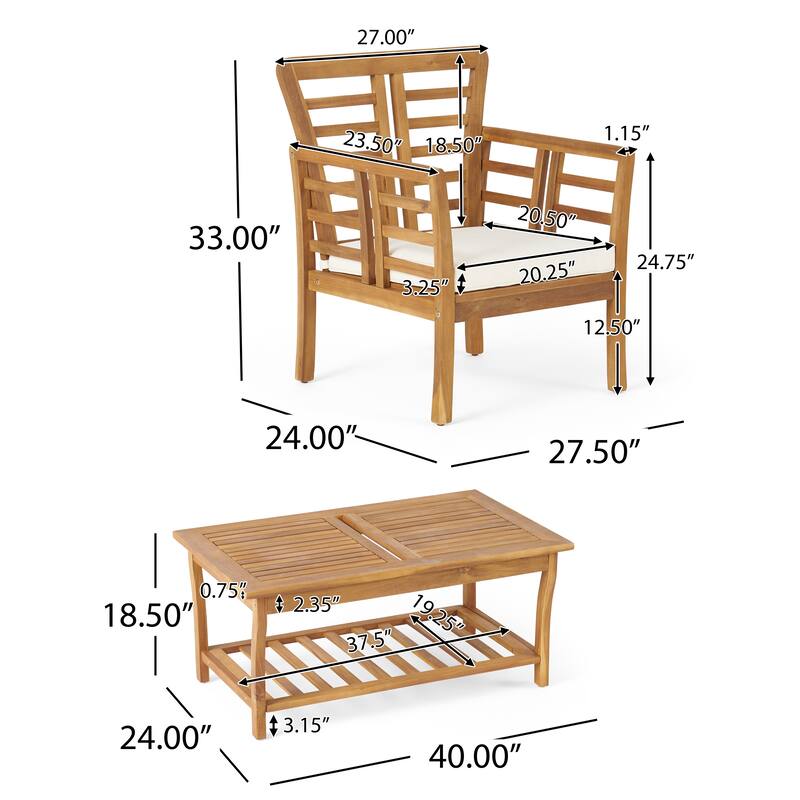 Caydon Acacia Wood Outdoor Club Chair and Coffee Table Set with Cushions by Christopher Knight Home