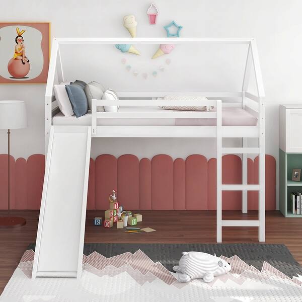 slide 2 of 43, House Loft Bed with Slide White - 81