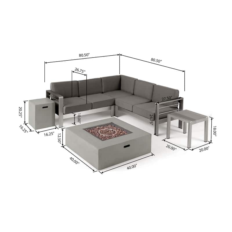 Cape Coral Outdoor 5 Seater Aluminum Chat Set with Fire Pit by Christopher Knight Home