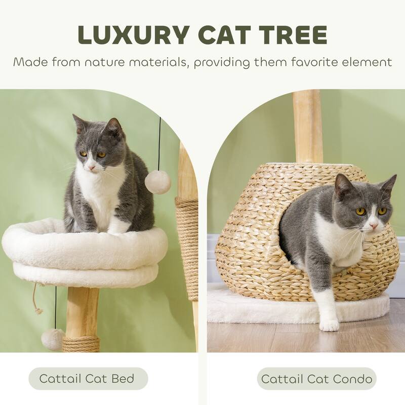 PawHut Cat Tree for Indoor Cats, 41" Wooden Cat Tower with 2 Real Branch Cat Scratching Posts, Luxury Cat Condo, Cream White