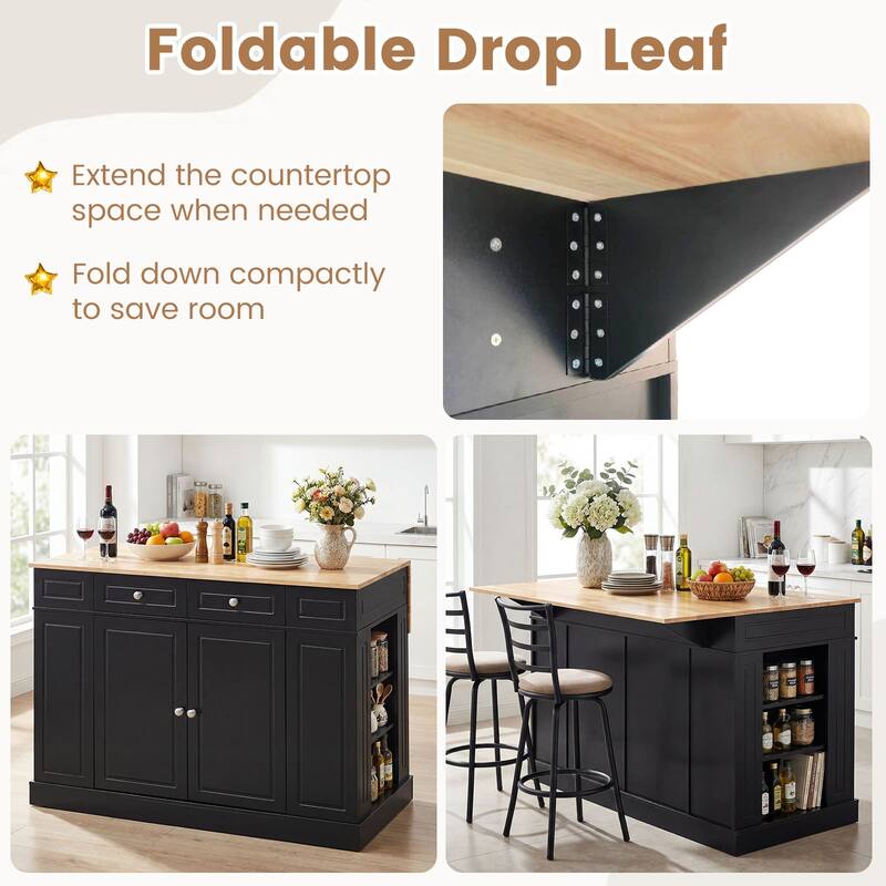 Gymax Large Kitchen Island Drop Leaf Breakfast Bar w/ Wood Top Shelves