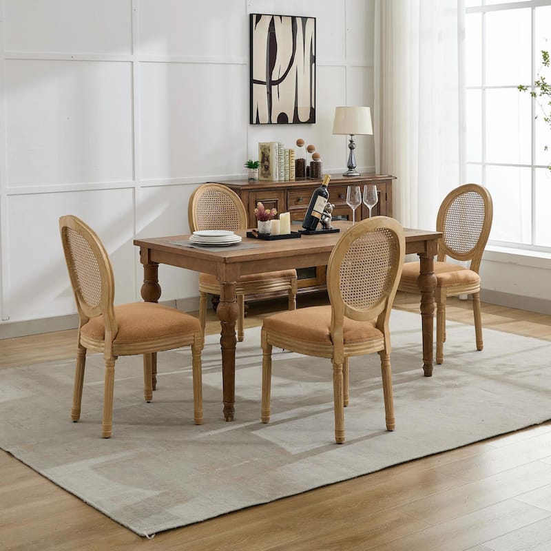 French Style Solid Wood Frame Antique Painting Linen Fabric Rattan Back Dining Chair, Set of 2