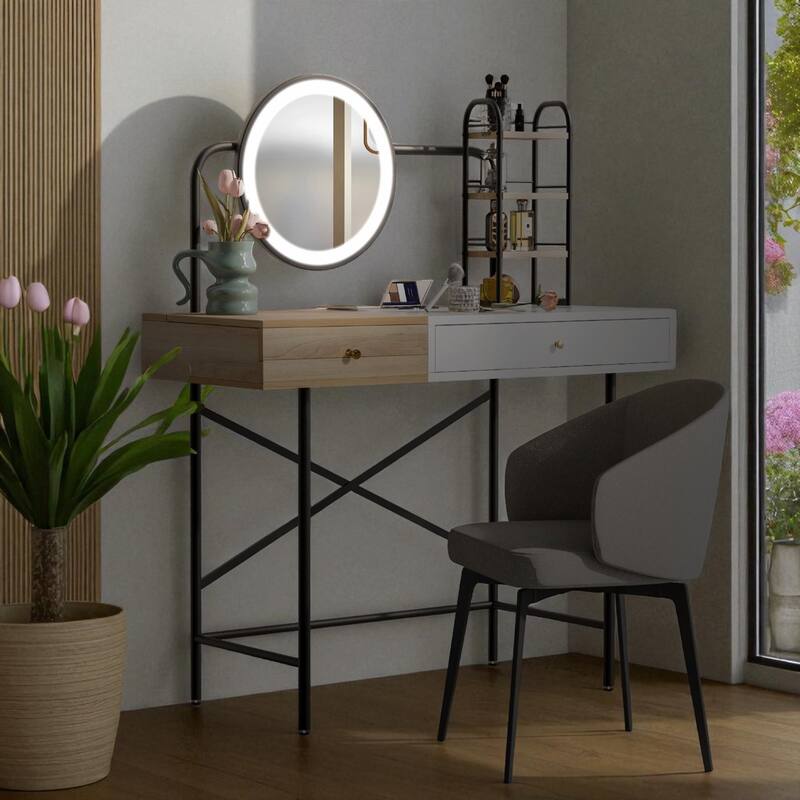 40" Makeup Vanity Table with LED Mirror, Wireless Charging, Drawer & 3 Shelves for Bedroom