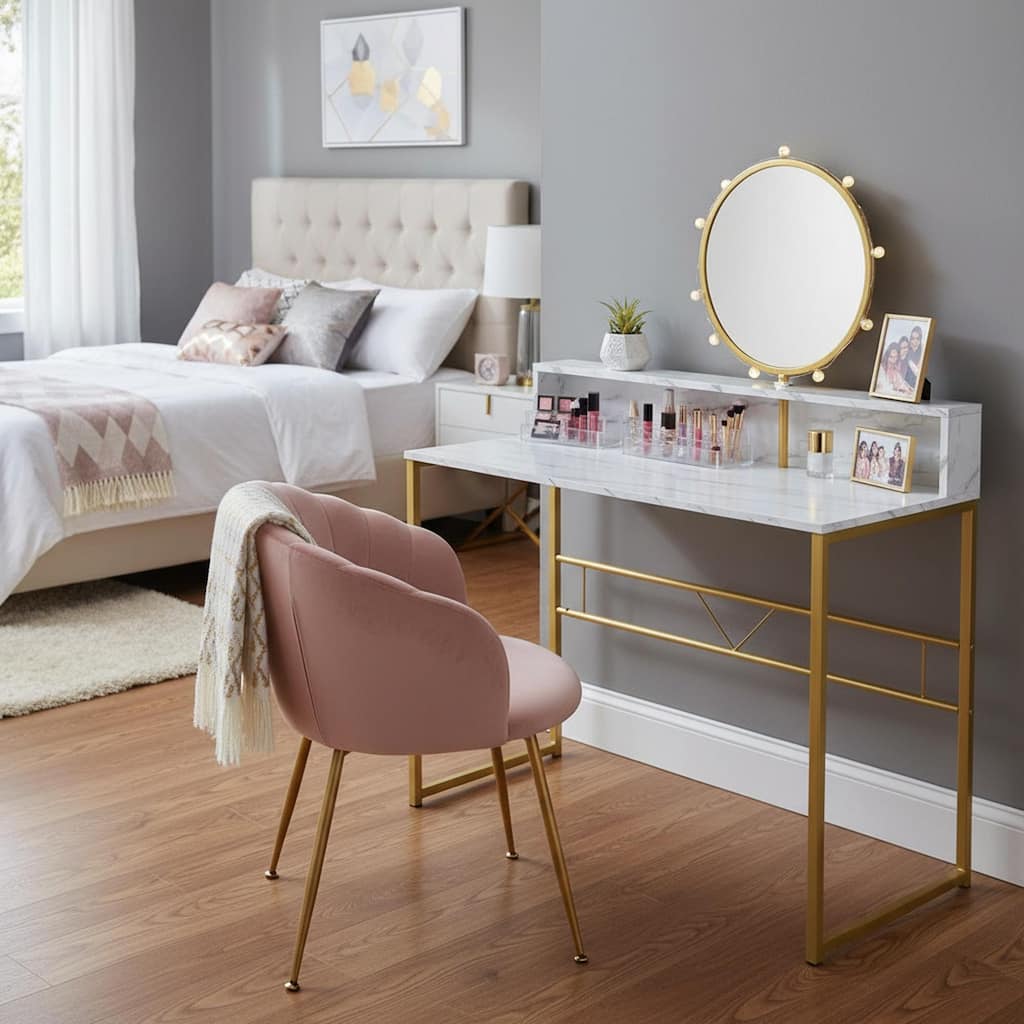 Homylin 41" Modern Vanity Table with Round Mirror, White Marble & Gold