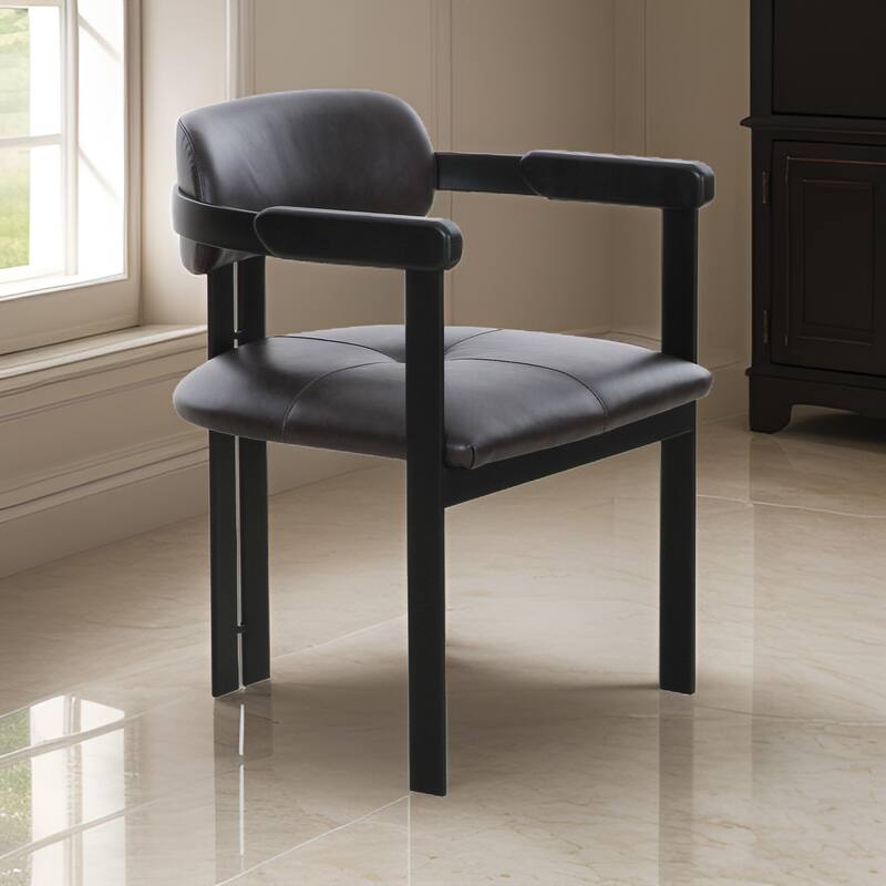 Anta Dining Chair, Black Iron Slats Back, Dark Brown Genuine Leather