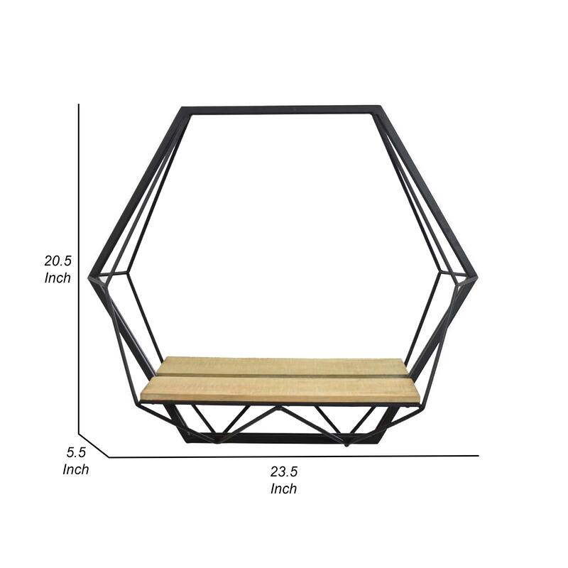 24 Inch Wall Mirror with Shelf, Hexagon Shaped, Metal, Black Finish