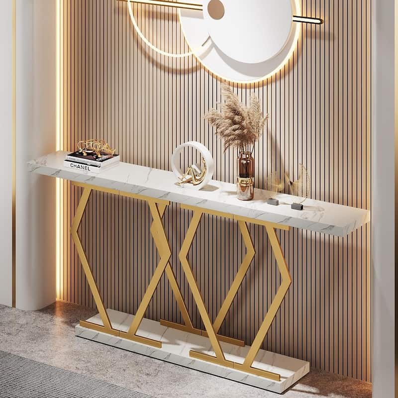 70.9 Inch Extra Long Sofa Table White and Gold Faux Marble Tabletop
