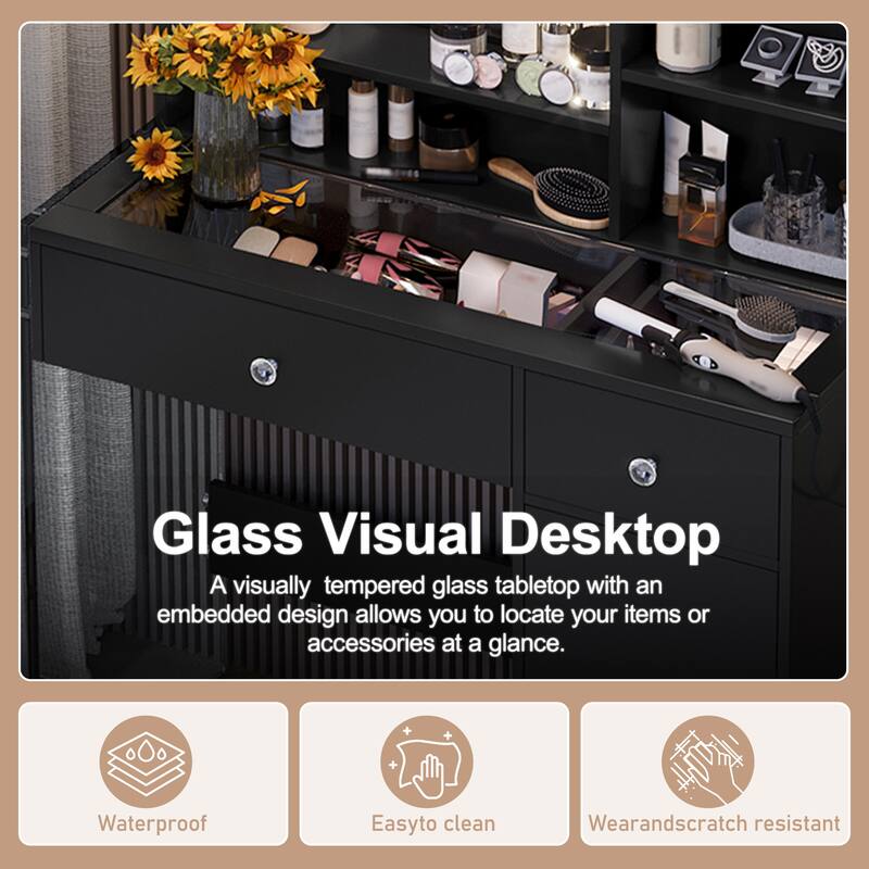 Vanity Desk with Mirror & Lights, Glass Top Dressing Table, Makeup Table with Charging Station, 2 Drawers & Cabinet