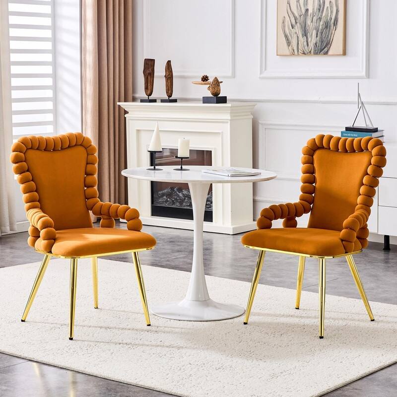 Set of 2 Puffy Bubble Velvet Dining Chairs with Ball Chain Design & Gold Legs