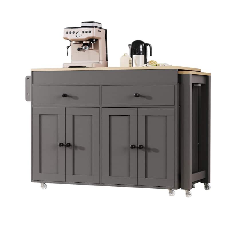 4 Door Kitchen Island Cart with Extendable Dining Table, Rolling Kitchen Island on Wheels with Spice Rack and 2 Drawers