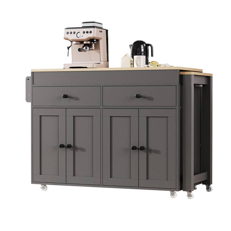 Kitchen Island with Extendable Dining Table, Rolling Island Cart on Locking Wheels, Breakfast Bar with 2 Drawers & 4 Door