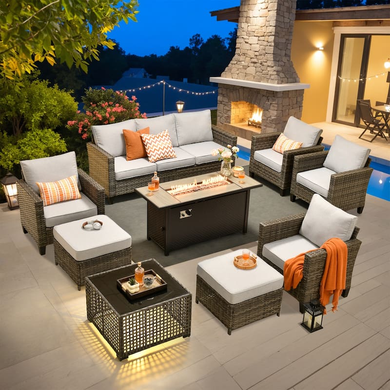 OVIOS 9 Pieces Patio Furniture Set with Solar-Powered Table & 54" Fire Table - Grey