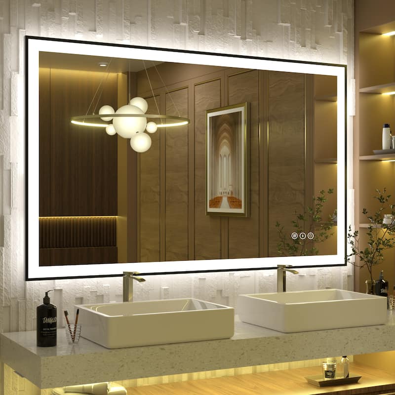 Front & Back LED Anti-Fog Tempered Glass Framed Bathroom/Vanity Mirror 3-Year Warranty - 51" x 32"-Square Corner - Black