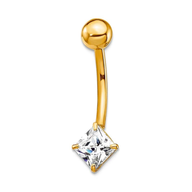Curata Solid 10k Yellow or White Gold 14g 5mm Square Simulated Diamond Belly Ring Peircing - 6x23mm - Yellow Gold