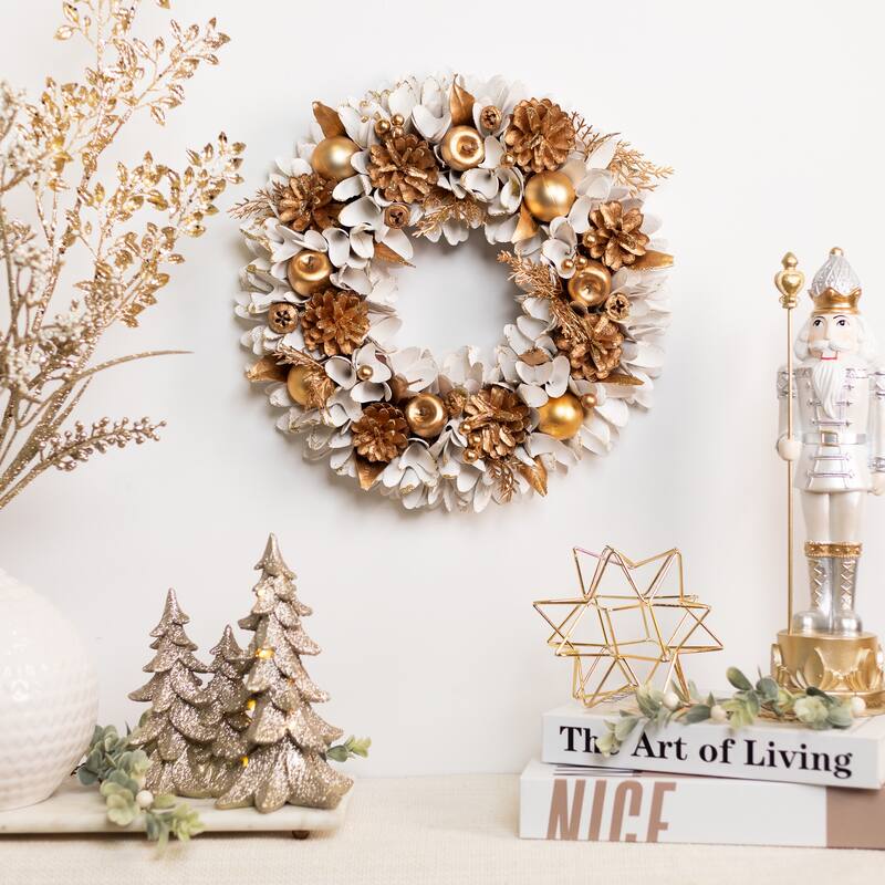Glittered Wood Petals and Apples Christmas Wreath - 13.5" - Unlit