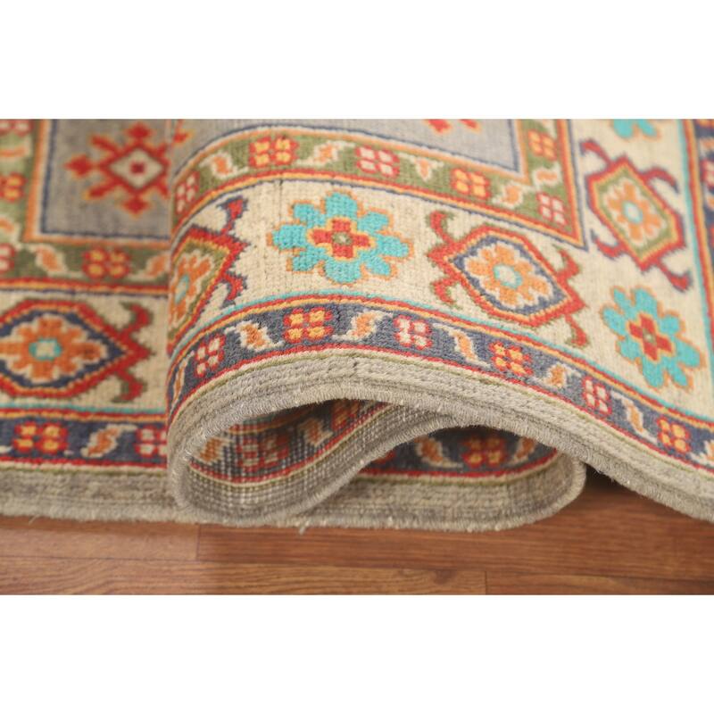 Geometric Kazak Foyer Rug Handmade Grey Wool Carpet - 2'8" x 4'0"