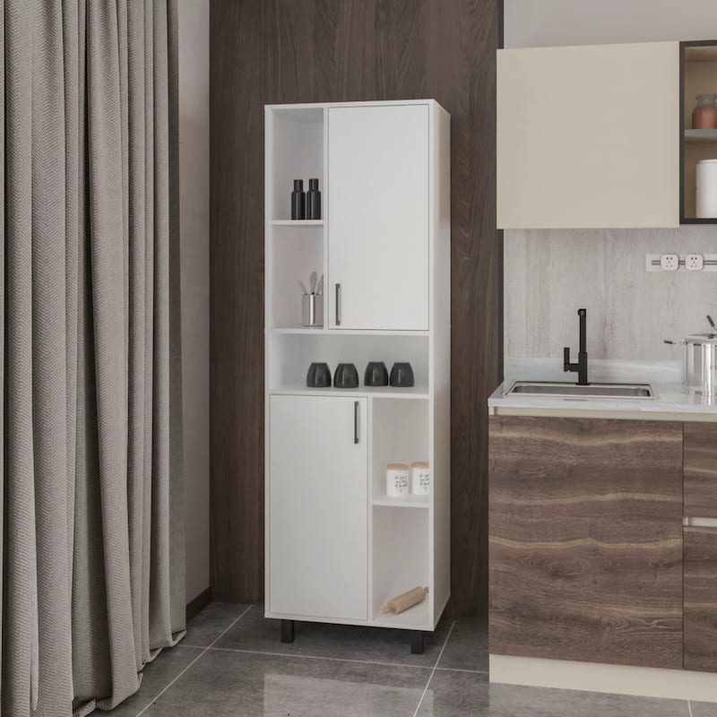 White Kitchen Pantry with Open Storage and 2 Doors - White