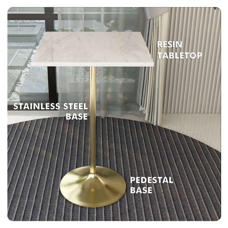 LeisureMod Verve Square Bar Dining Table with White Resin TableTop and Gold Steel Base for Kitchen & Dining Room