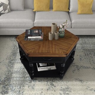2 Tier Retro Solid Wood Coffee Table with Shelf & Drawer - Bed Bath ...