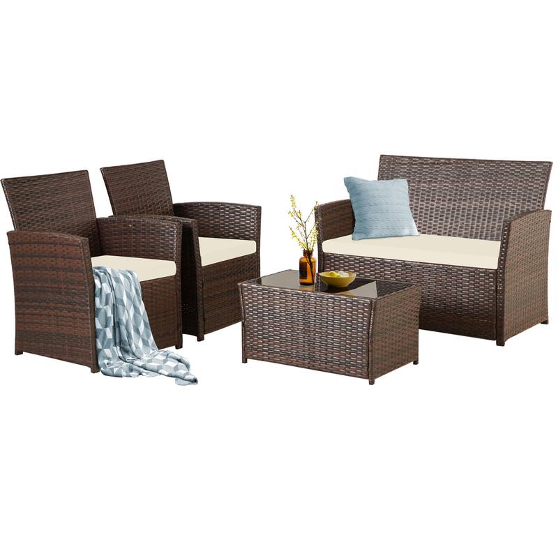 4-Piece Wicker Outdoor Sofa Set, 1 Loveseats, 2 Single Sofas, 1 Table