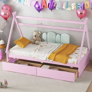 Kids and Baby Twin Size House Platform Bed with 2 Drawers,Headboard and Footboard For Home