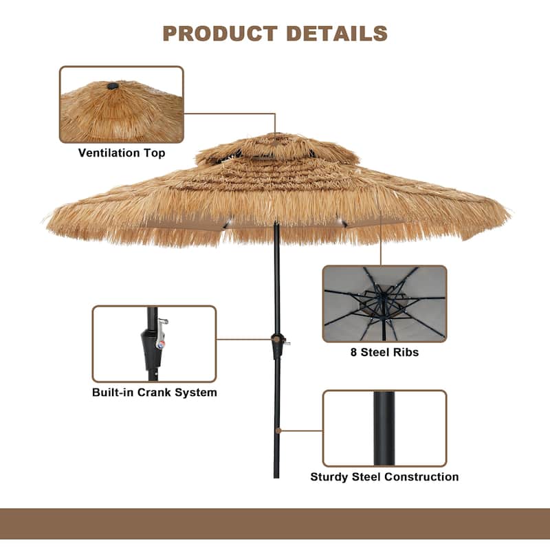 Clihome 9FT Patio 2-Top Hawaiian Style Thatch Umbrella With Lights