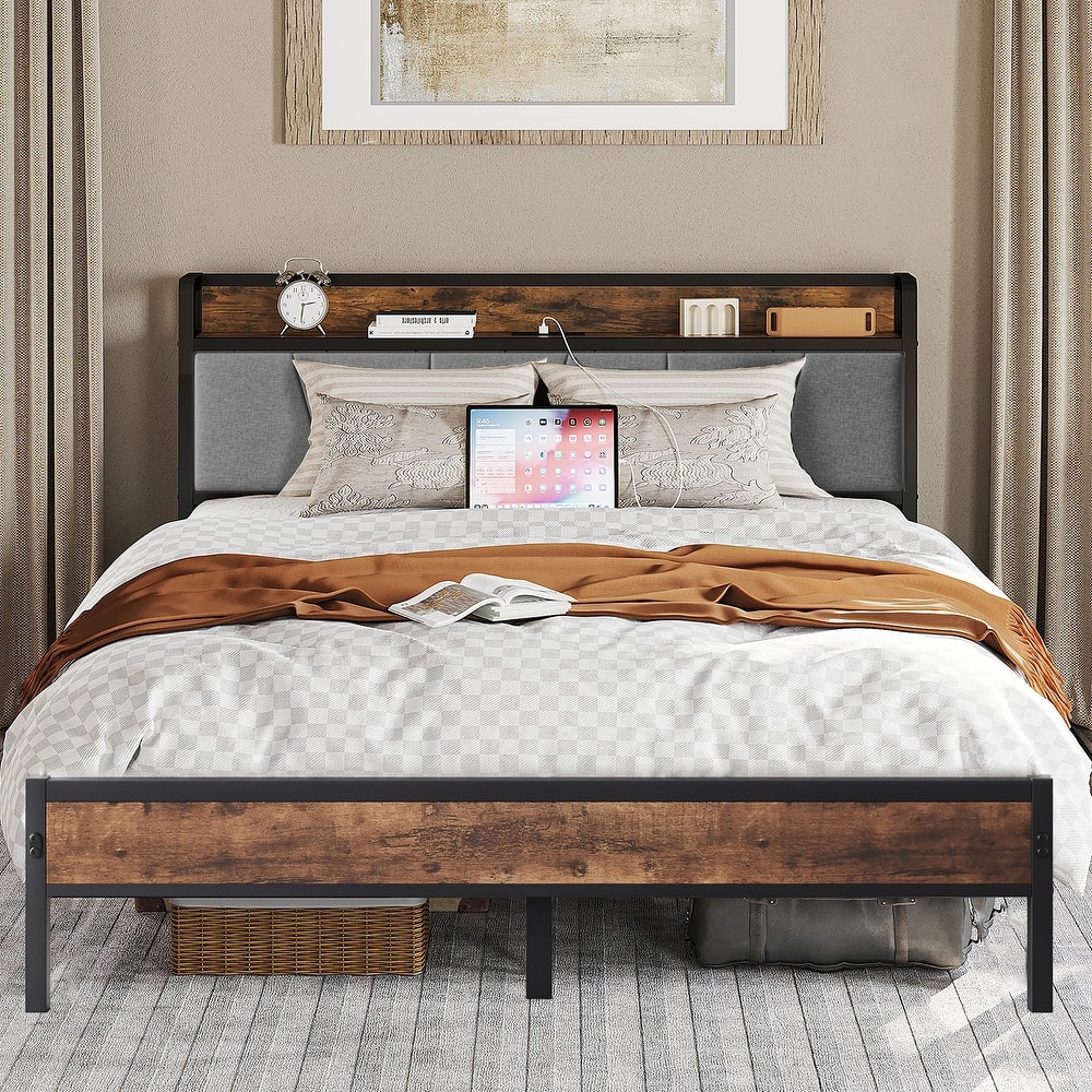 Bed Frames, Storage Headboard with Outlets, No Box Springs Needed