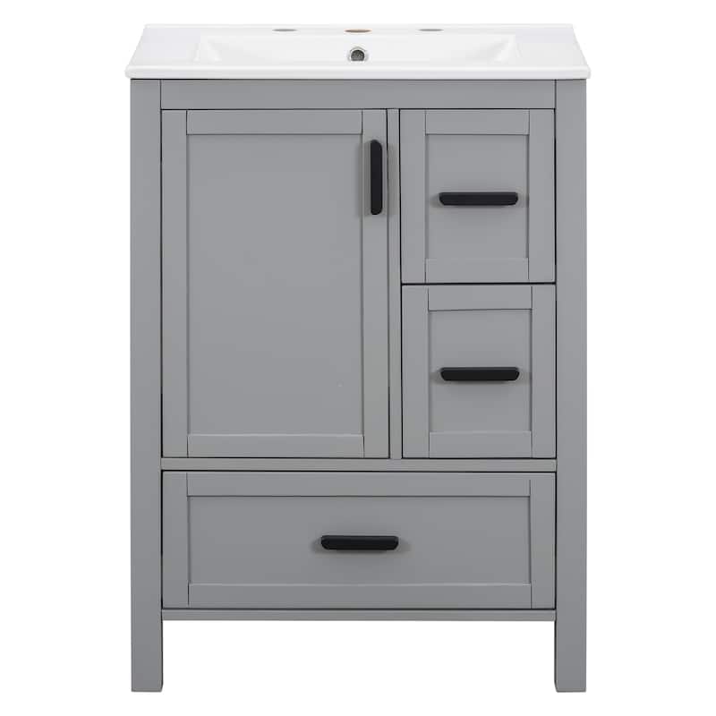 Solid Wood Frame Bathroom Vanity Cabinet with Ceramic Sink, Space-Saving 24-Inch Vanity