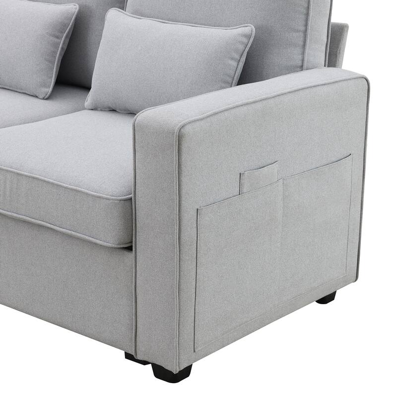 Modern Linen Fabric Sofa with Armrest Pockets