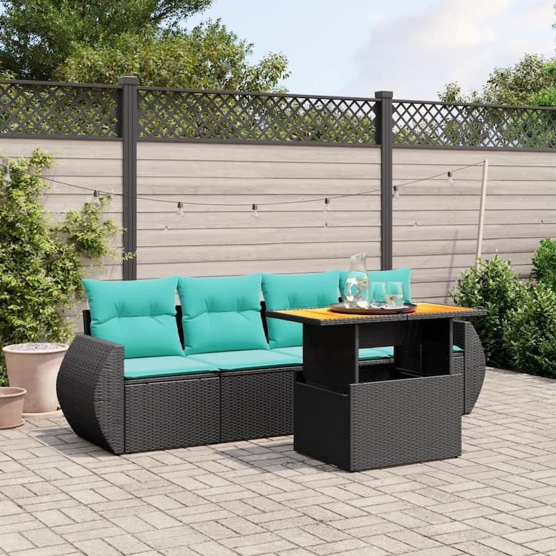 vidaXL Patio Sofa Set with Cushions Outdoor Furniture 5 Piece Poly Rattan - 27.6 x 24.4 x 27.2 - Black