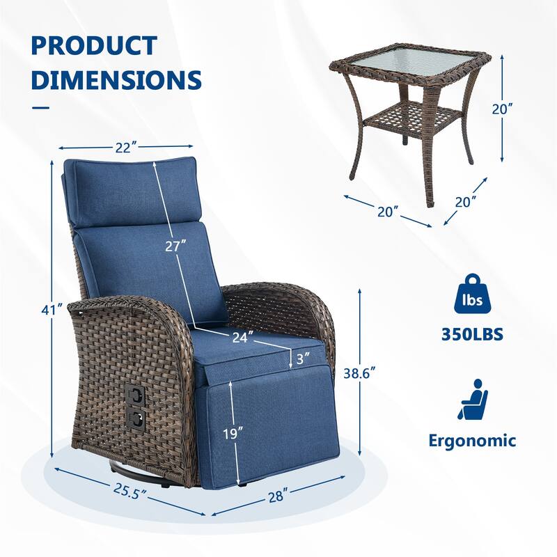 Meyreso 3-Piece Wicker Swivel Reclining Chaise Lounge with Adjustable Backrest & Footrest