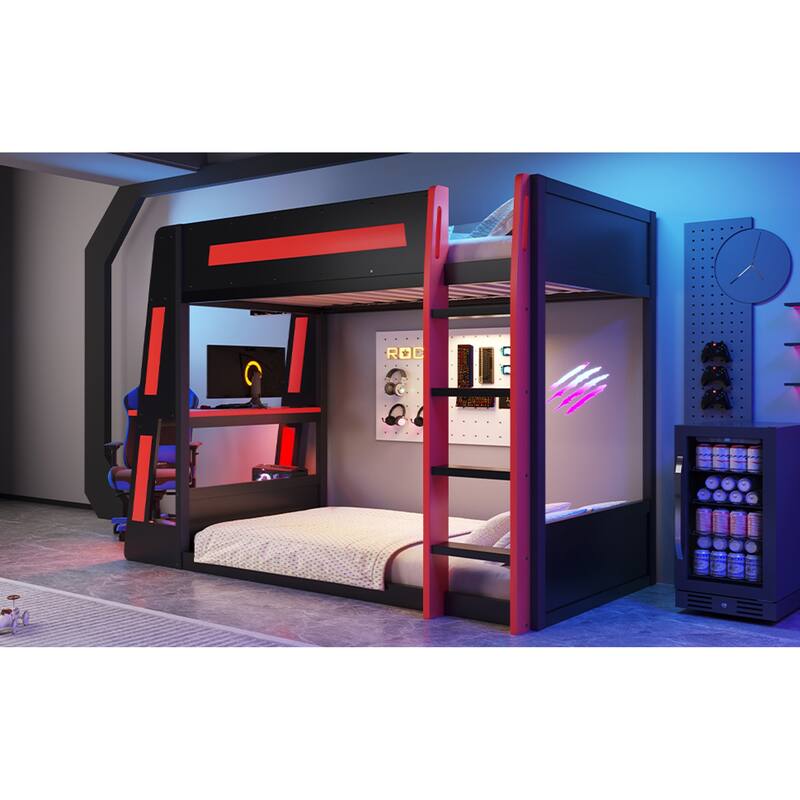 Roomfitters Twin/Full Over Twin Wooden Gaming Bunk Bed with Desk and LED Lights