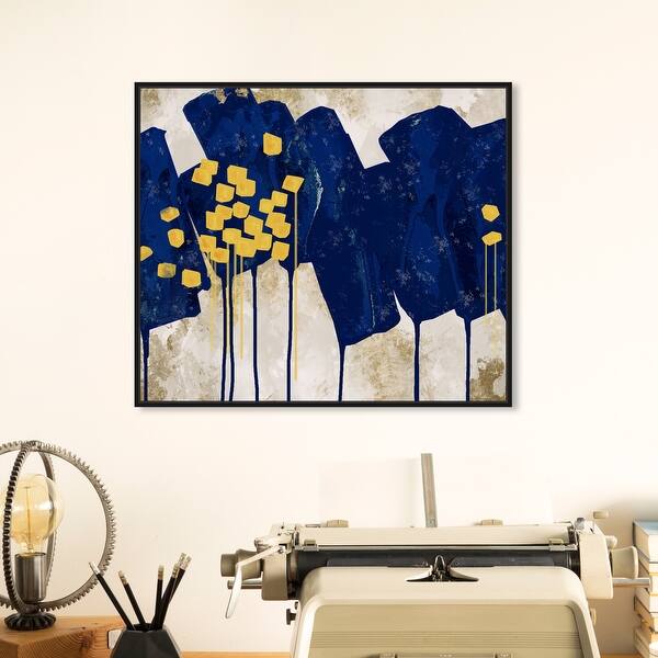 Oliver Gal Sapphire Movement Abstract Wall Art Framed Canvas Print Paint Blue Yellow Overstock 31794671 Not sure if that will bring out the color.