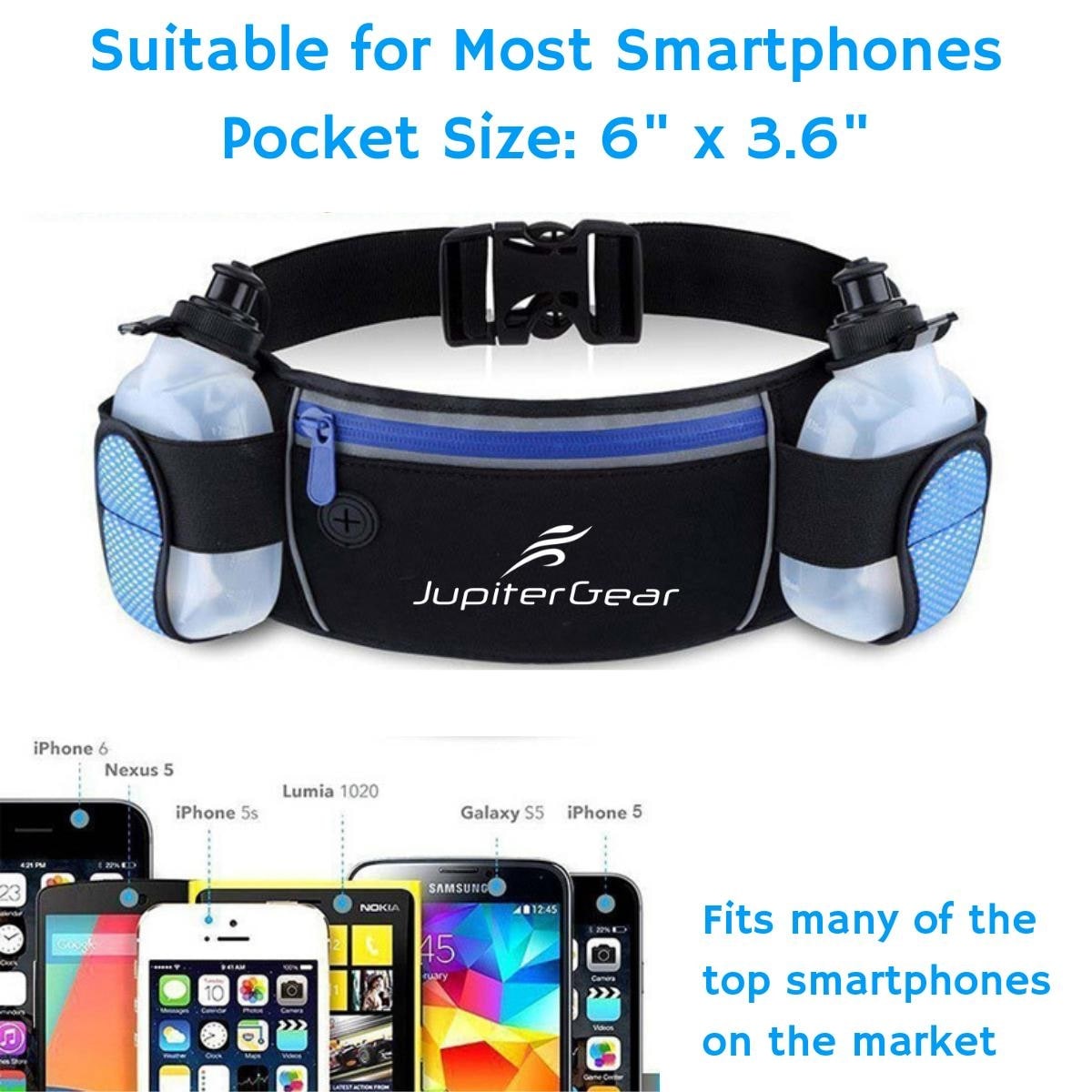 No-Bounce Water-Resistant Adjustable One Size iPhone 6 7 8-Plus X Fits Large Phones Made in USA for Men and Women Venture Series SPIbelt Hydration Belt with 2 8oz-Water Bottles Expandable Pouch 